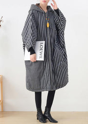 Elegant gray striped womens coats oversized winter hooded patchwork outwear - bagstylebliss