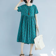 Elegant green cotton linen shift dress oversized maxi dress Fine short sleeve O neck floral cotton linen clothing