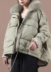 Elegant green duck down coat plus size clothing down jacket faux fur collar drawstring Casual overcoat - bagstylebliss