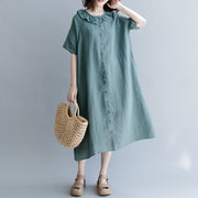 Elegant green natural cotton linen dress trendy plus size holiday dresses casual short sleeve patchwork Peter pan Collar pockets knee dresses