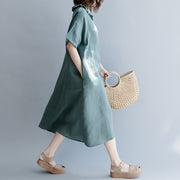 Elegant green natural cotton linen dress trendy plus size holiday dresses casual short sleeve patchwork Peter pan Collar pockets knee dresses