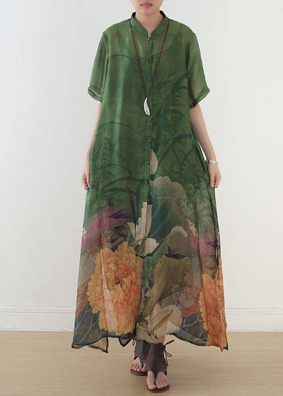 Elegant green print chiffon clothes 18th Century Fabrics stand collar side open Love Dress - bagstylebliss