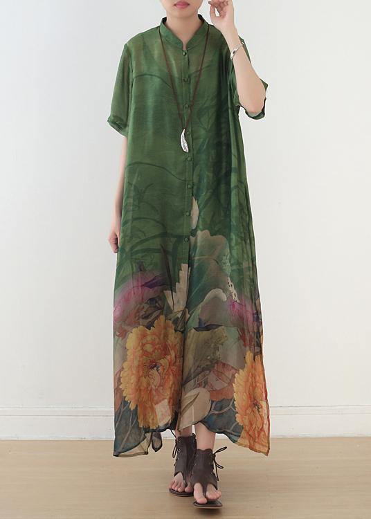 Elegant green print chiffon clothes 18th Century Fabrics stand collar side open Love Dress - bagstylebliss