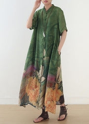 Elegant green print chiffon clothes 18th Century Fabrics stand collar side open Love Dress - bagstylebliss