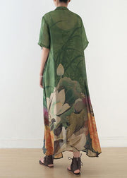 Elegant green print chiffon clothes 18th Century Fabrics stand collar side open Love Dress - bagstylebliss