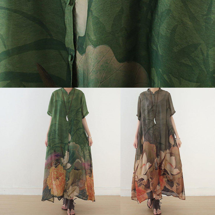 Elegant green print chiffon clothes 18th Century Fabrics stand collar side open Love Dress - bagstylebliss