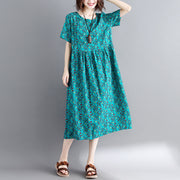 Elegant green print cotton linen maxi dress trendy plus size short sleeve long dresses New o neck clothing dresses