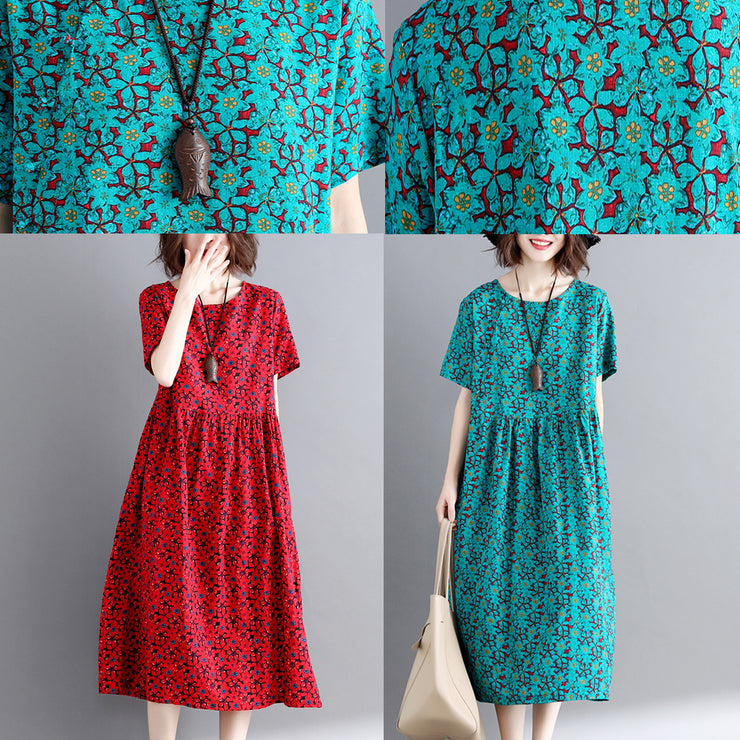 Elegant green print cotton linen maxi dress trendy plus size short sleeve long dresses New o neck clothing dresses