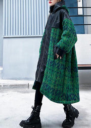 Elegant green woolen coats Loose fitting medium length coat patchwork hooded woolen outwear - bagstylebliss