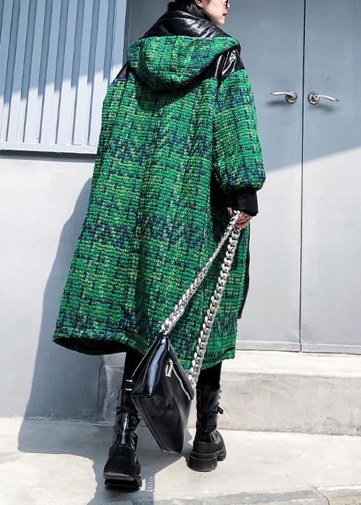 Elegant green woolen coats Loose fitting medium length coat patchwork hooded woolen outwear - bagstylebliss