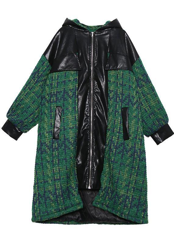 Elegant green woolen coats Loose fitting medium length coat patchwork hooded woolen outwear - bagstylebliss