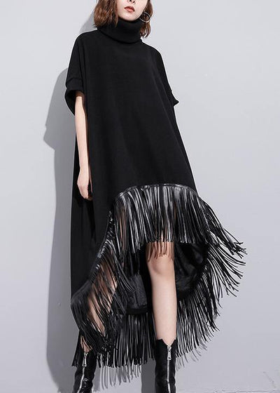 Elegant high neck tassel cotton Tunic Fabrics black Dresses - bagstylebliss