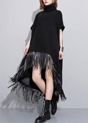 Elegant high neck tassel cotton Tunic Fabrics black Dresses - bagstylebliss