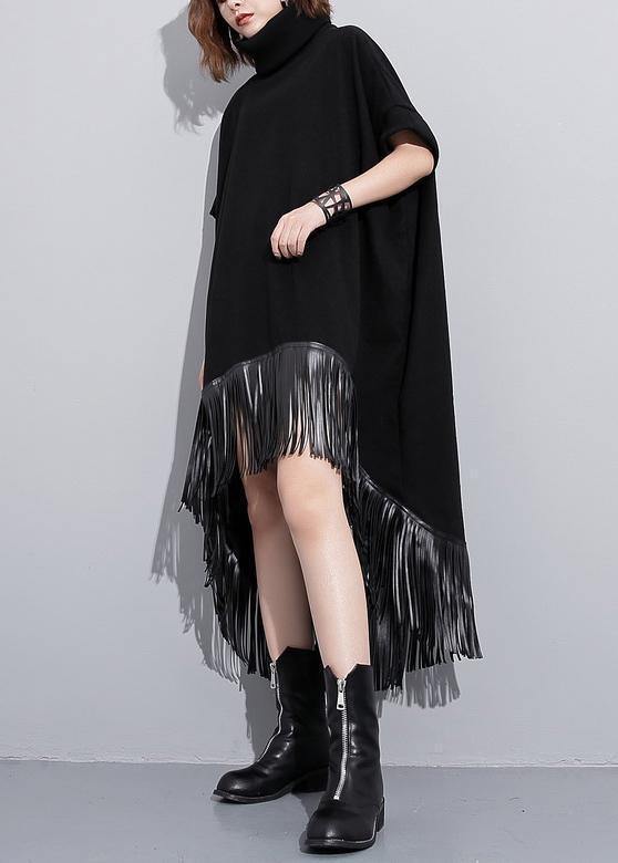 Elegant high neck tassel cotton Tunic Fabrics black Dresses - bagstylebliss