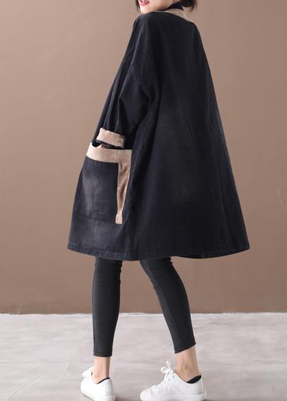Elegant hooded Chinese Button Fashion clothes denim black patchwork khaki Plus Size Clothing coats - bagstylebliss