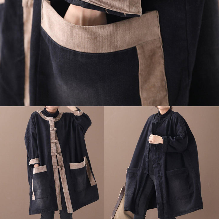 Elegant hooded Chinese Button Fashion clothes denim black patchwork khaki Plus Size Clothing coats - bagstylebliss