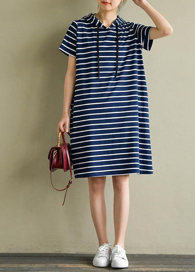 Elegant hooded drawstring Cotton quilting dresses Wardrobes navy striped Dresses summer - bagstylebliss