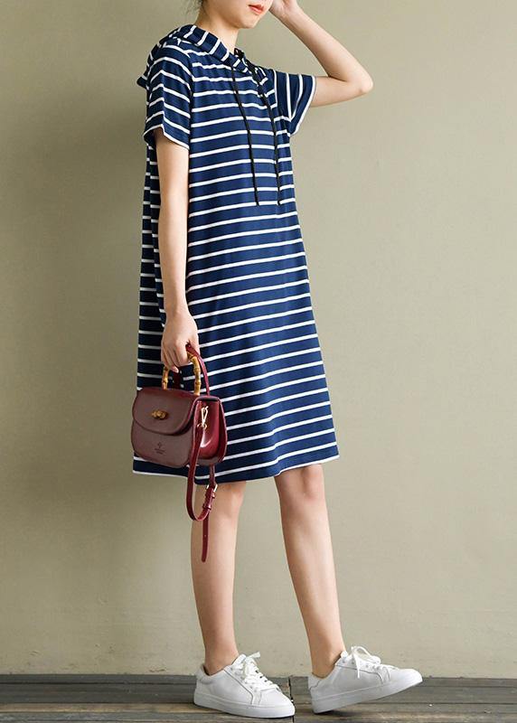 Elegant hooded drawstring Cotton quilting dresses Wardrobes navy striped Dresses summer - bagstylebliss