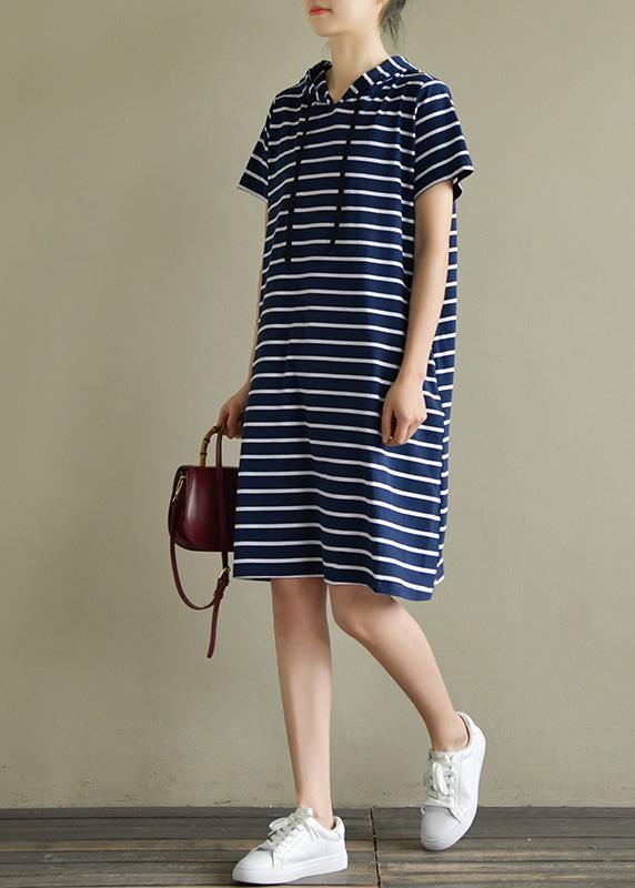 Elegant hooded drawstring Cotton quilting dresses Wardrobes navy striped Dresses summer - bagstylebliss