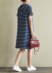 Elegant hooded drawstring Cotton quilting dresses Wardrobes navy striped Dresses summer - bagstylebliss