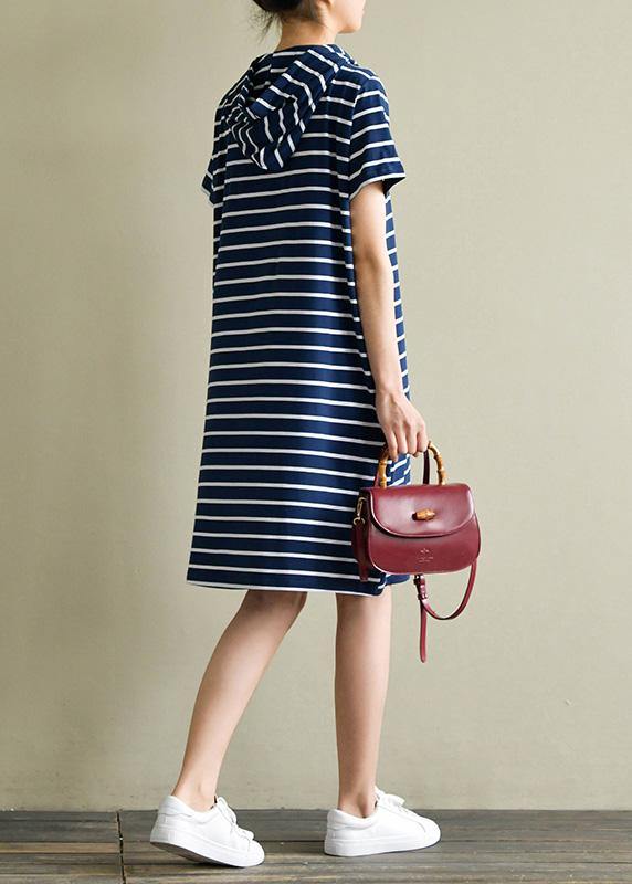 Elegant hooded drawstring Cotton quilting dresses Wardrobes navy striped Dresses summer - bagstylebliss