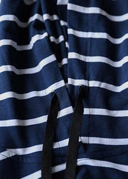 Elegant hooded drawstring Cotton quilting dresses Wardrobes navy striped Dresses summer - bagstylebliss