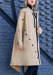 Elegant khaki Coat Women plus size medium length stand collar asymmetric coat - bagstylebliss