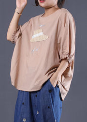 Elegant khaki cotton tunic top o neck silhouette summer blouses - bagstylebliss