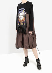 Elegant khaki fall Cartoon girl print cotton dress tassel long patchwork Dresses - bagstylebliss