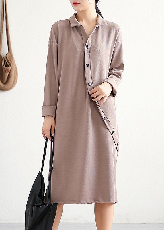 Elegant lapel asymmetric Cotton Wardrobes Sleeve khaki Dress - bagstylebliss