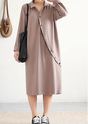 Elegant lapel asymmetric Cotton Wardrobes Sleeve khaki Dress - bagstylebliss