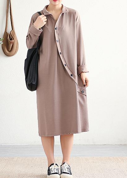 Elegant lapel asymmetric Cotton Wardrobes Sleeve khaki Dress - bagstylebliss