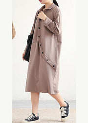 Elegant lapel asymmetric Cotton Wardrobes Sleeve khaki Dress - bagstylebliss