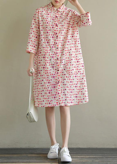 Elegant lapel pockets Cotton dress pink dotted Dress summer - bagstylebliss