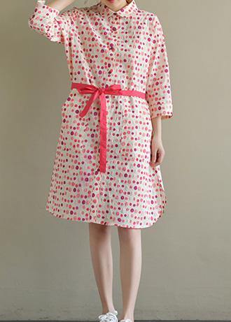 Elegant lapel pockets Cotton dress pink dotted Dress summer - bagstylebliss