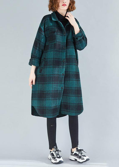 Elegant lapel pockets cotton clothes Christmas Gifts green plaid blouses - bagstylebliss