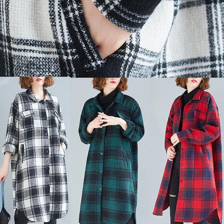 Elegant lapel pockets cotton clothes Christmas Gifts green plaid blouses - bagstylebliss