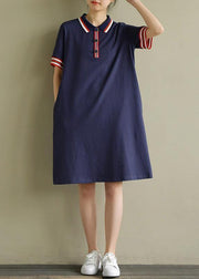 Elegant lapel short sleeve Cotton dresses Sewing navy Dresses summer - bagstylebliss