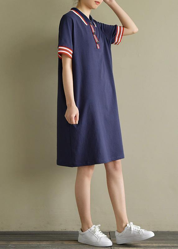 Elegant lapel short sleeve Cotton dresses Sewing navy Dresses summer - bagstylebliss