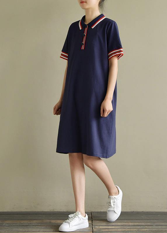 Elegant lapel short sleeve Cotton dresses Sewing navy Dresses summer - bagstylebliss