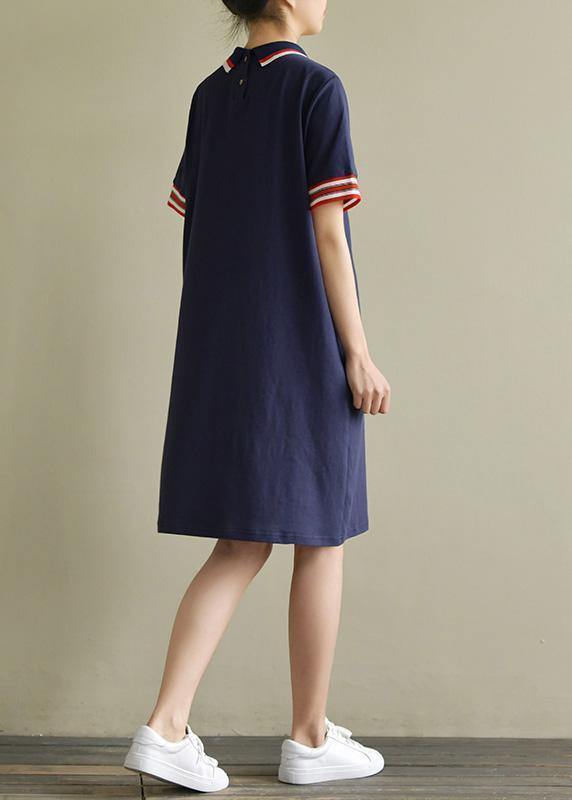 Elegant lapel short sleeve Cotton dresses Sewing navy Dresses summer - bagstylebliss