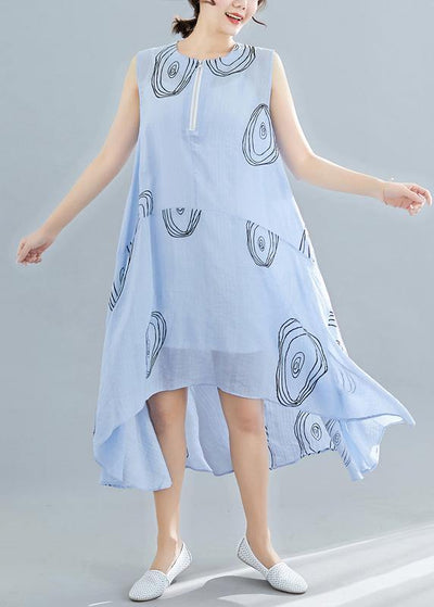 Elegant light blue print cotton dress sleeveless low high design loose summer Dresses - bagstylebliss