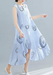 Elegant light blue print cotton dress sleeveless low high design loose summer Dresses - bagstylebliss