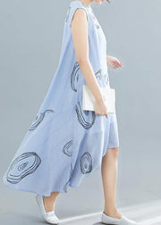 Elegant light blue print cotton dress sleeveless low high design loose summer Dresses - bagstylebliss