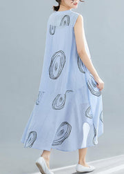 Elegant light blue print cotton dress sleeveless low high design loose summer Dresses - bagstylebliss