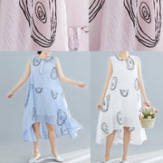 Elegant light blue print cotton dress sleeveless low high design loose summer Dresses - bagstylebliss