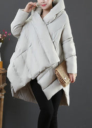 Elegant light gray goose Down coat plus size snow jackets hooded asymmetric Warm coats - bagstylebliss