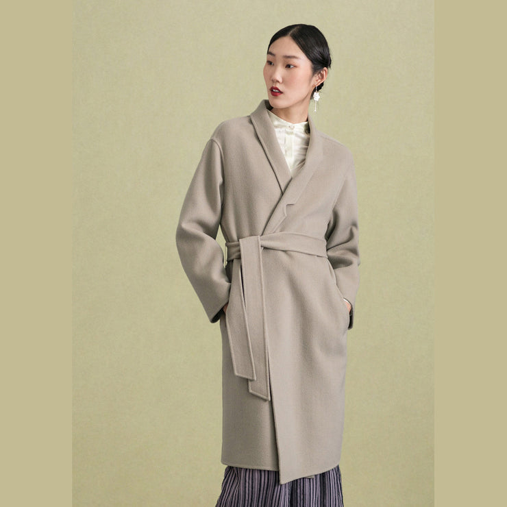 Elegant light gray wool coat casual stand collar winter coat tie waist women coats
