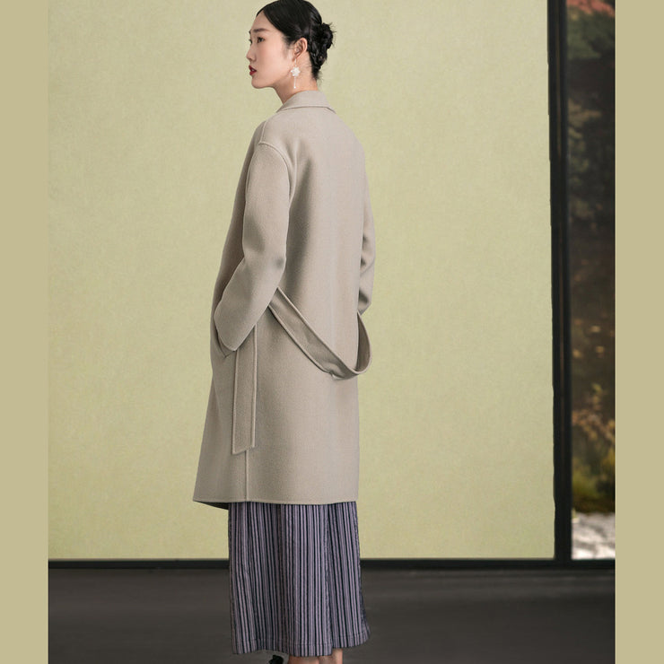 Elegant light gray wool coat casual stand collar winter coat tie waist women coats