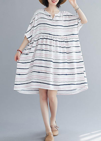 Elegant light pink striped dress o neck Plus Size summer Dresses - bagstylebliss